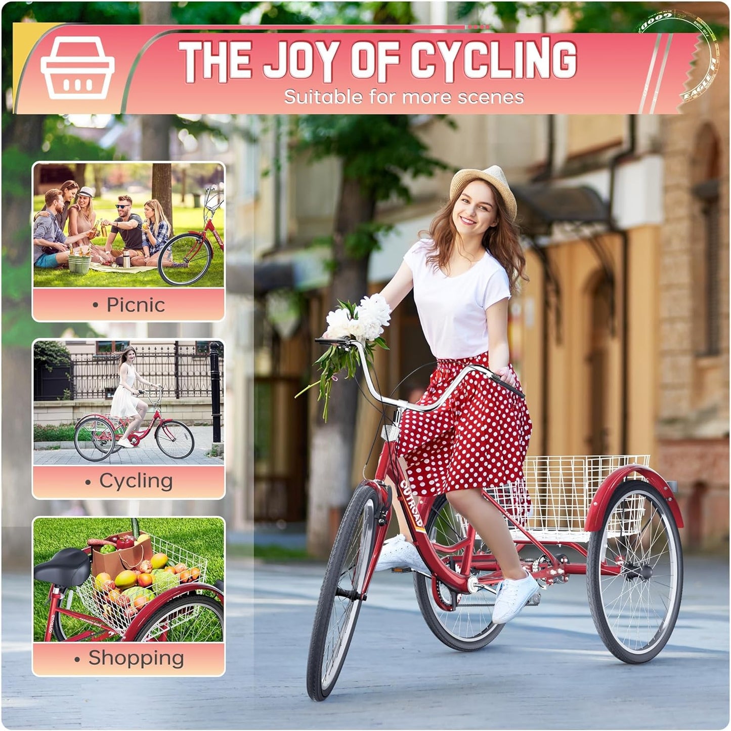 Adult Tricycle, 24/26 inch 7 Speed Cruiser Trike, 3 Wheel Bikes with Large Basket for Women and Men, Adult Trikes for Shopping Picnic Outdoor Sports (24 Red)
