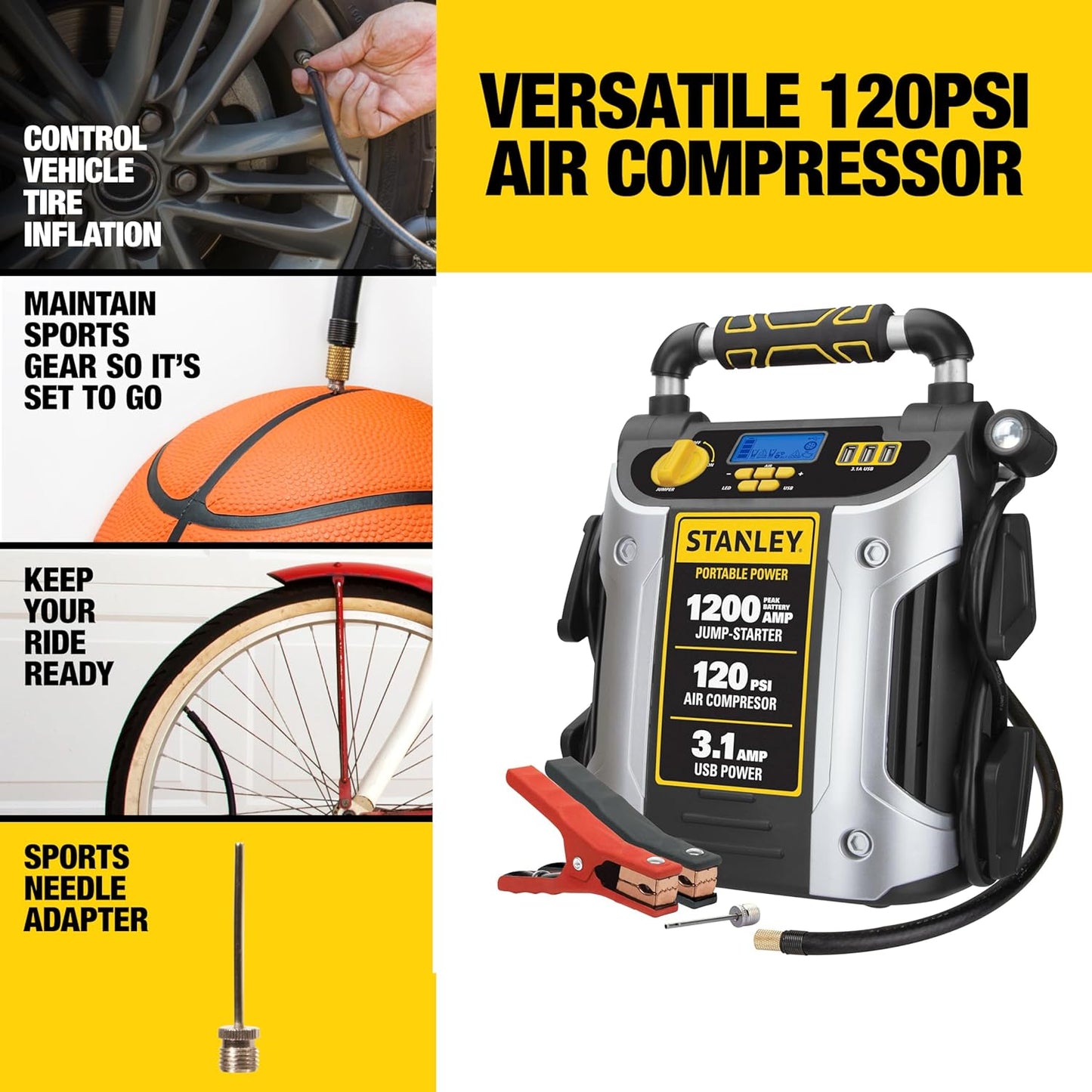 STANLEY J5C09D Digital Portable Power Station Jump Starter 1200 Peak Amp Battery Booster, 120 PSI Air Compressor, 3.1A USB Ports, Battery Clamps