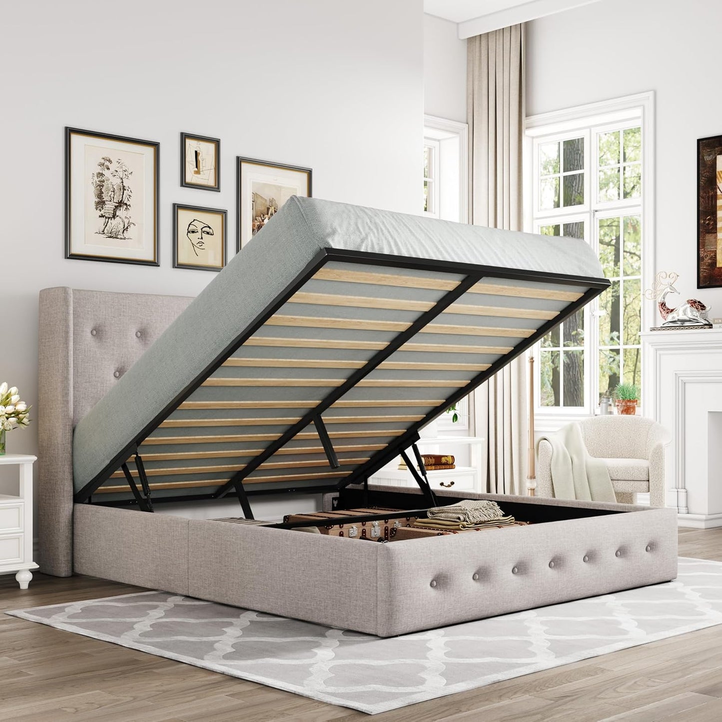 Allewie King Size Lift Up Storage Bed, Modern Wingback Headboard, Hydraulic Support, No Box Spring Needed, Light Beige