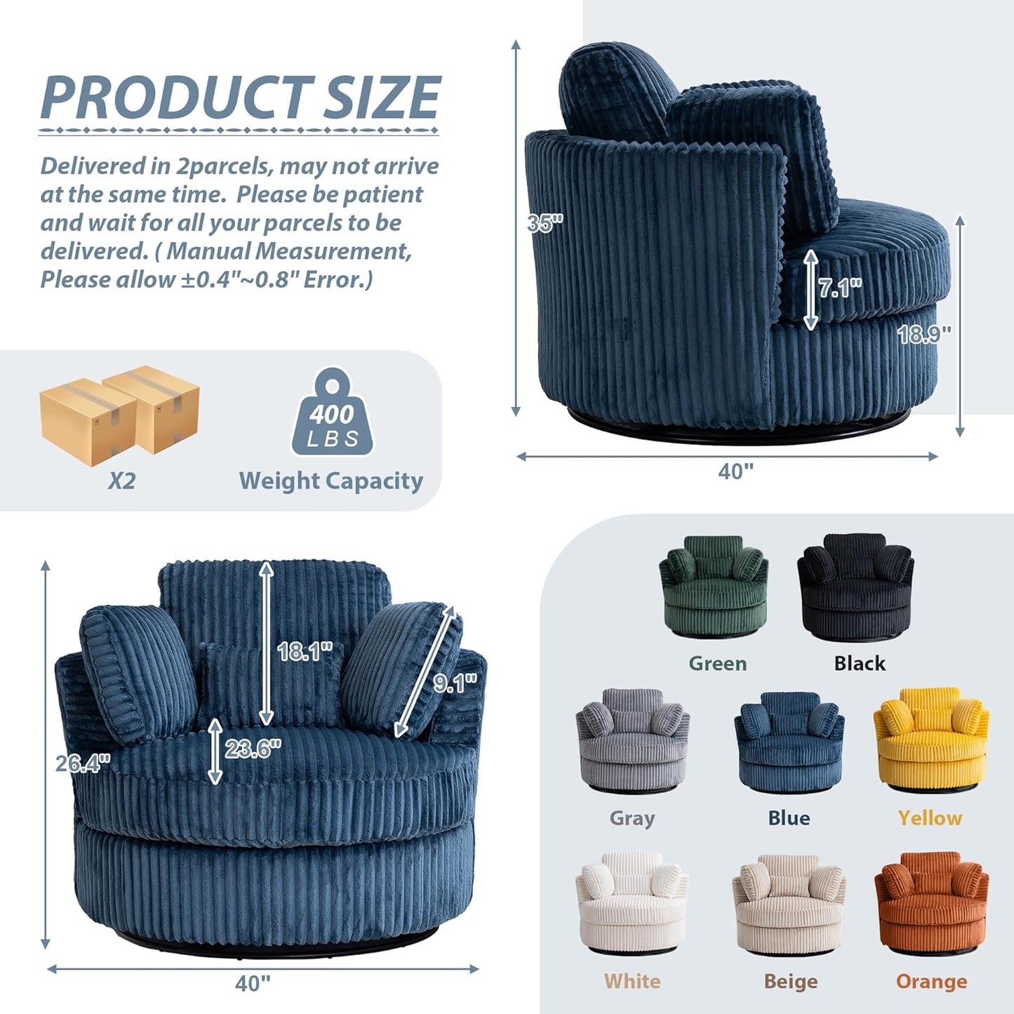 360-Degree Swivel Accent Chair Plush Corduroy & Foam-Filled Chaise Lounge Chair for Indoor Living Room & Bedroom, 40" Oversized Modern Design Round Barrel Chair, Comfortable Seating, Blue