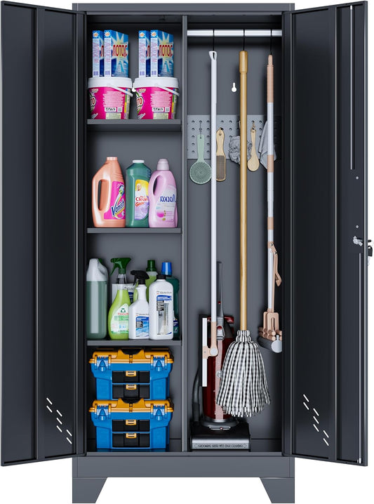Storage Cabinets with Locking Doors,61" Tall Metal Cleaning Tool Cabinet,Broom Storage with Shelves for Laundry Room,Home Office (61" h Cabinet)