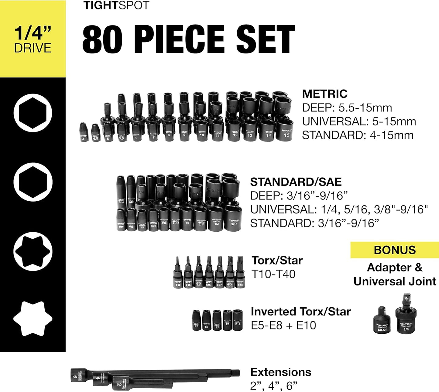 TIGHTSPOT 1/4" Drive 80pc Impact Socket MASTER SET, our Most Complete Set Ever with SAE & Metric from 3/16 Inch - 9/16 Inch, 4mm - 15mm, Standard/Deep/Universal & Torx & Inverted Torx Sockets & More