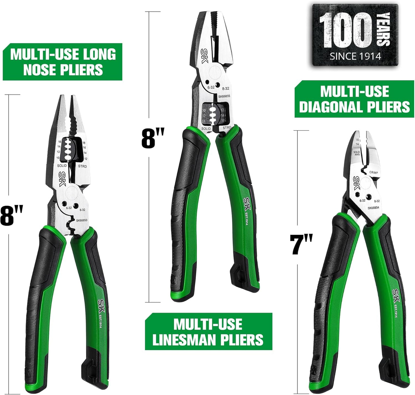 SK 3-Piece Pliers Set, 8-Inch Multi-use Noodle Nose Pliers, 7-Inch Multi-use Diagonal Pliers and 8-Inch Multi-use Linesman Pliers, CR-V Construction, Anti-slip Handle, with EVA Foam Tool Organizer