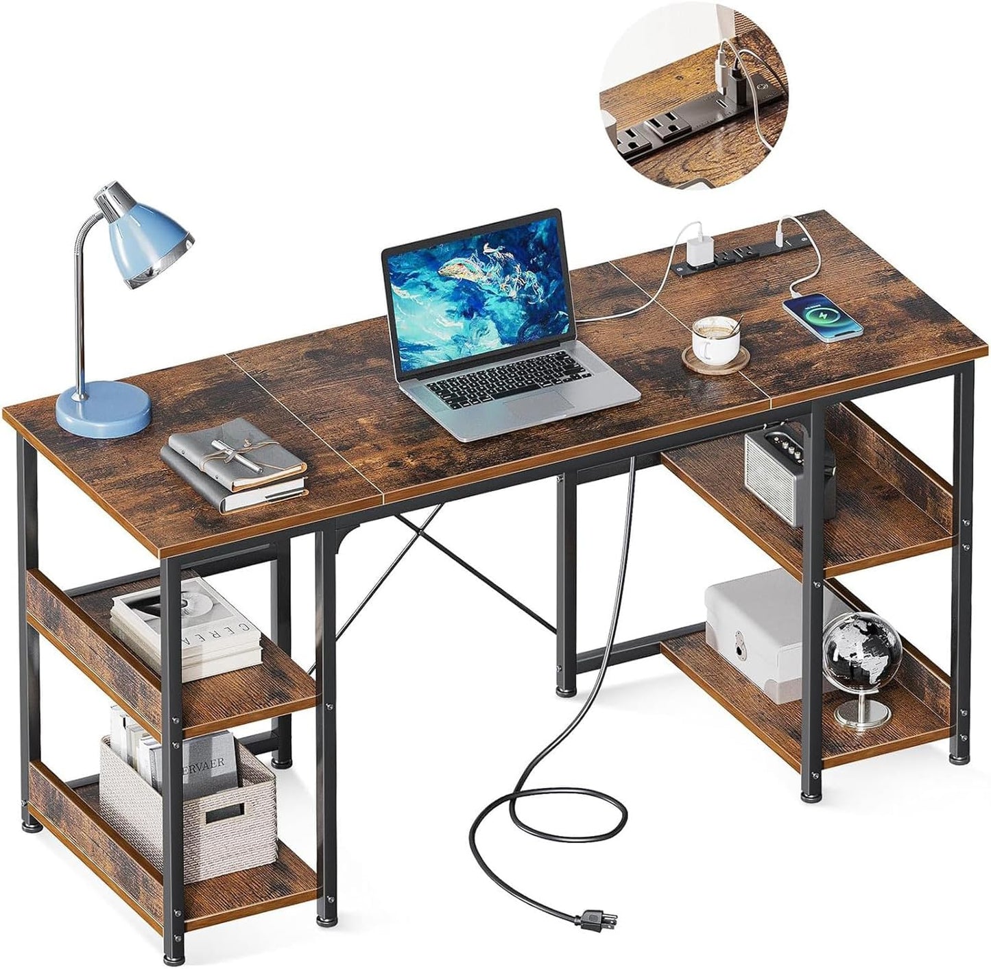 AODK 48 Inch Small Computer Desk with Power Outlets & USB Charging Port, Home Table with Storage Shelves, Student Laptop PC Desks for Small Spaces Home Office Writing Desk, Kids Desk, White
