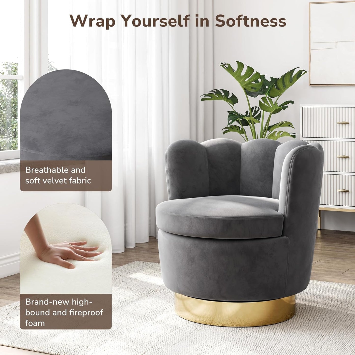 BELLEZE Swivel Accent Chair, Velvet Modern Round Petal Swivel Barrel Chair, 360° Upholstery Swivel Sofa Armchair, Comfy Swivel Accent Chair for Living Room Bedroom - Lotus (Dark Grey)