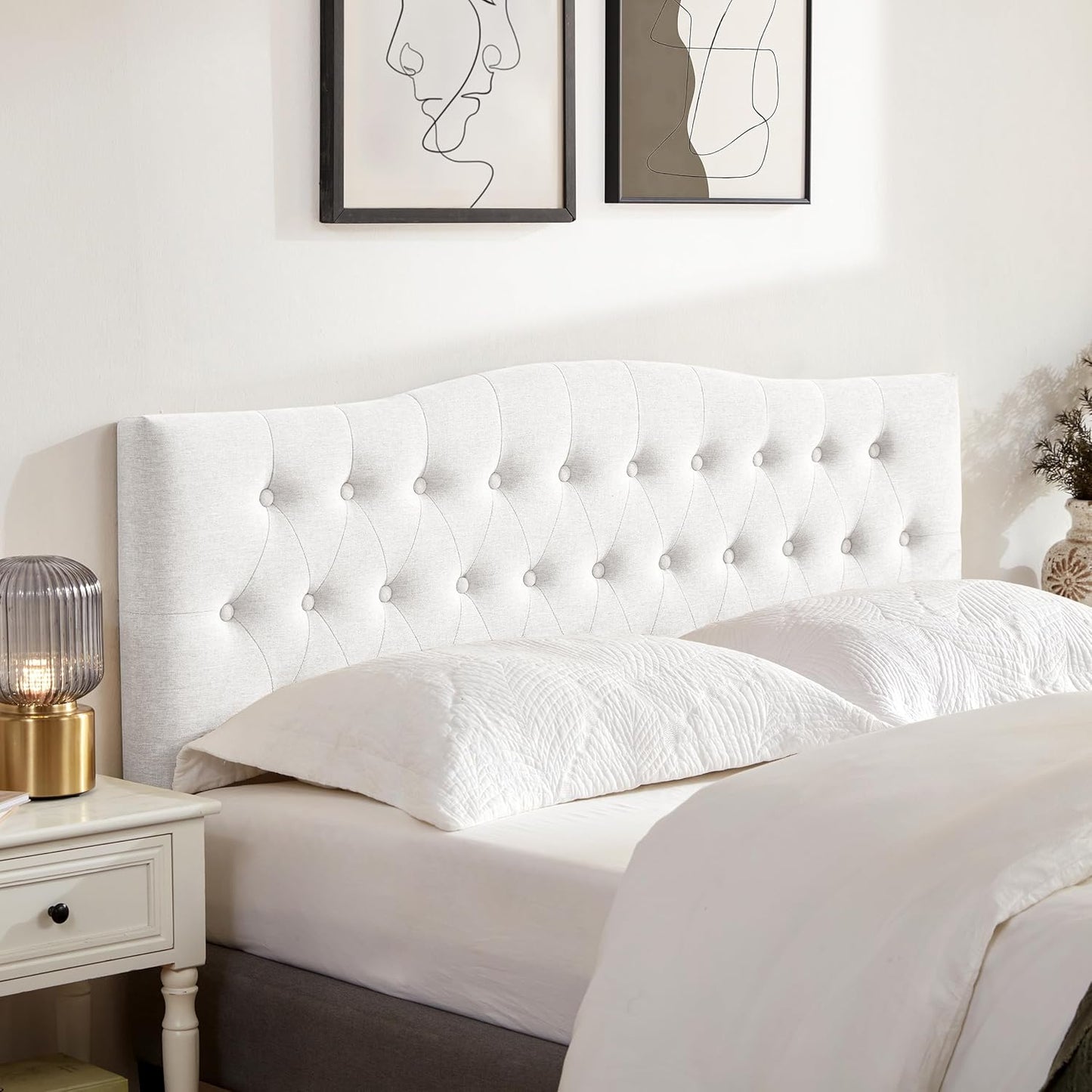 Tufted Upholstered Headboard Queen Size, Sturdy and Durable Solid Wood Bed headboard, Fabric Headboard Adjustable Height from 37” to 51”, Modern Button Diamond Design Head Board, Beige