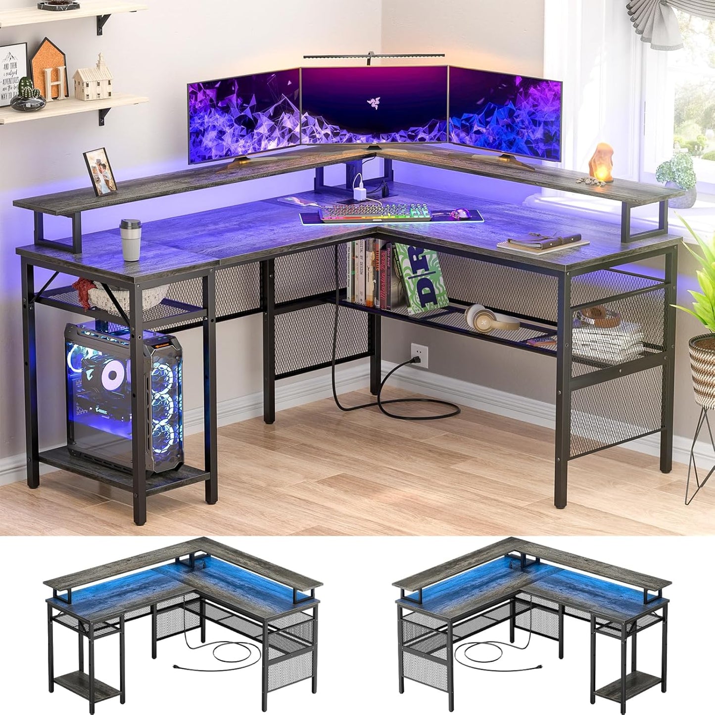 Unikito Reversible L Shaped Desk, Cool 55 Inch Corner Computer Desk with Smart Strip Light and Magic Power Outlet, Sturdy Office Table with Monitor Stand and Shelf, Elegant Grid Design, Light Walnut