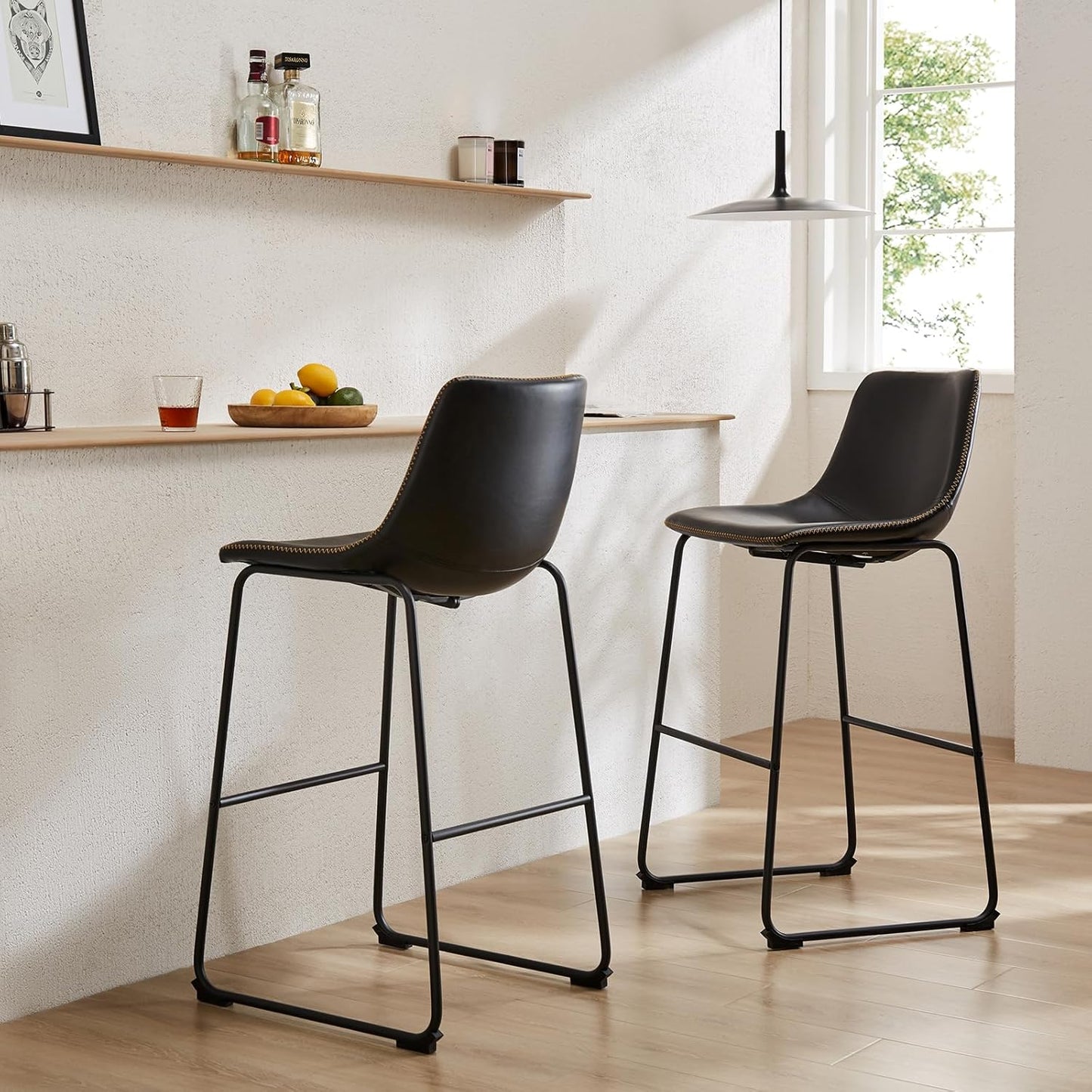 Sweetcrispy Counter Height Bar Stools Set of 2, 26 inch Height Stool Faux Leather Barstools with Back, Armless Kitchen Island Countertop Comfortable Modern Chairs with Metal Legs - Classic Black