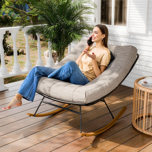 Bme Rocking Chair Outdoor & Indoor, Metal ounge Rocking Chair with Thick Cushion, Modern Rocker Chair for Living Room, Porch, Backyard, Beige Cushion - Wood Texture Rocker