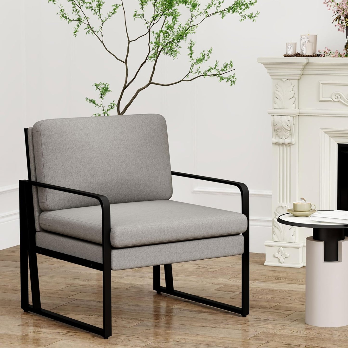 Andeworld Modern Accent Chair Set of 2, Mid Century Living Room Armchair,Upholstered Linen Sofa Side Chair with Metal Legs for Reading,Lounging,Bedroom Apartment, Light Grey 2