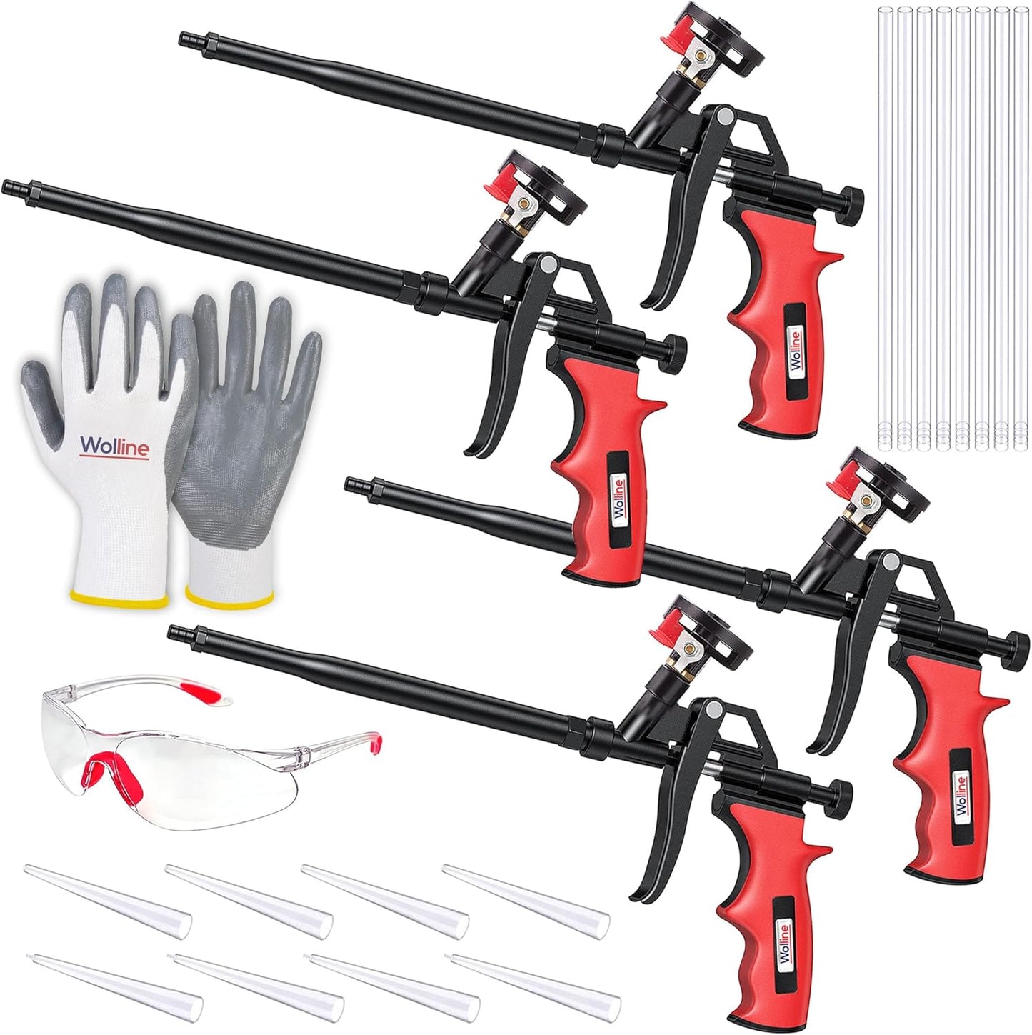 Spray Foam Gun, Wolline (12 Foam Gun + 48 Nozzle) Spray Foam Insulation Gun, Teflon-Coated Professional Expanding Spray Foam Applicator, Foam Dispensing Gun, Insulating Foam Applicator Red - 12 Pack