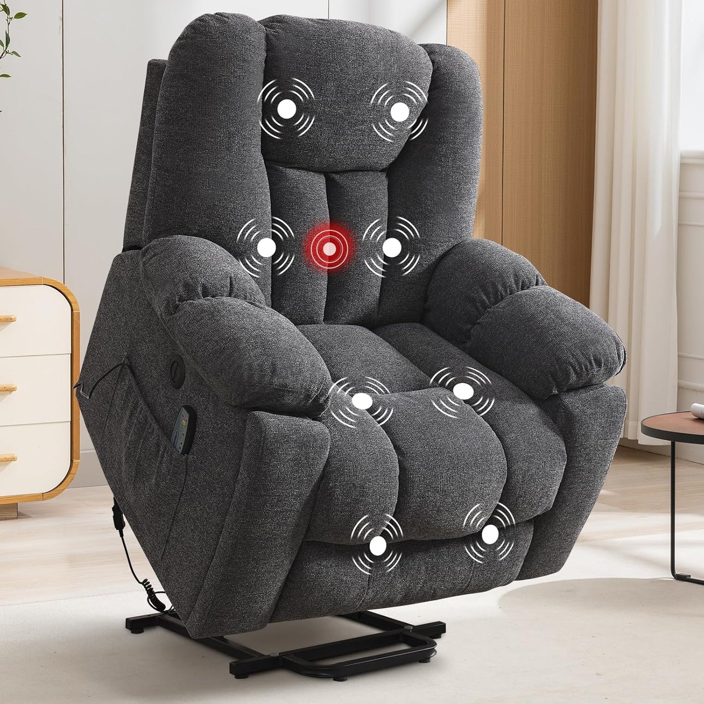 CANMOV Large Power Lift Recliner Chair with Massage, Heat, and USB for Elderly, Overstuffed Wide Recliners, Heavy Duty and Safety Motion Reclining Mechanism, Gray