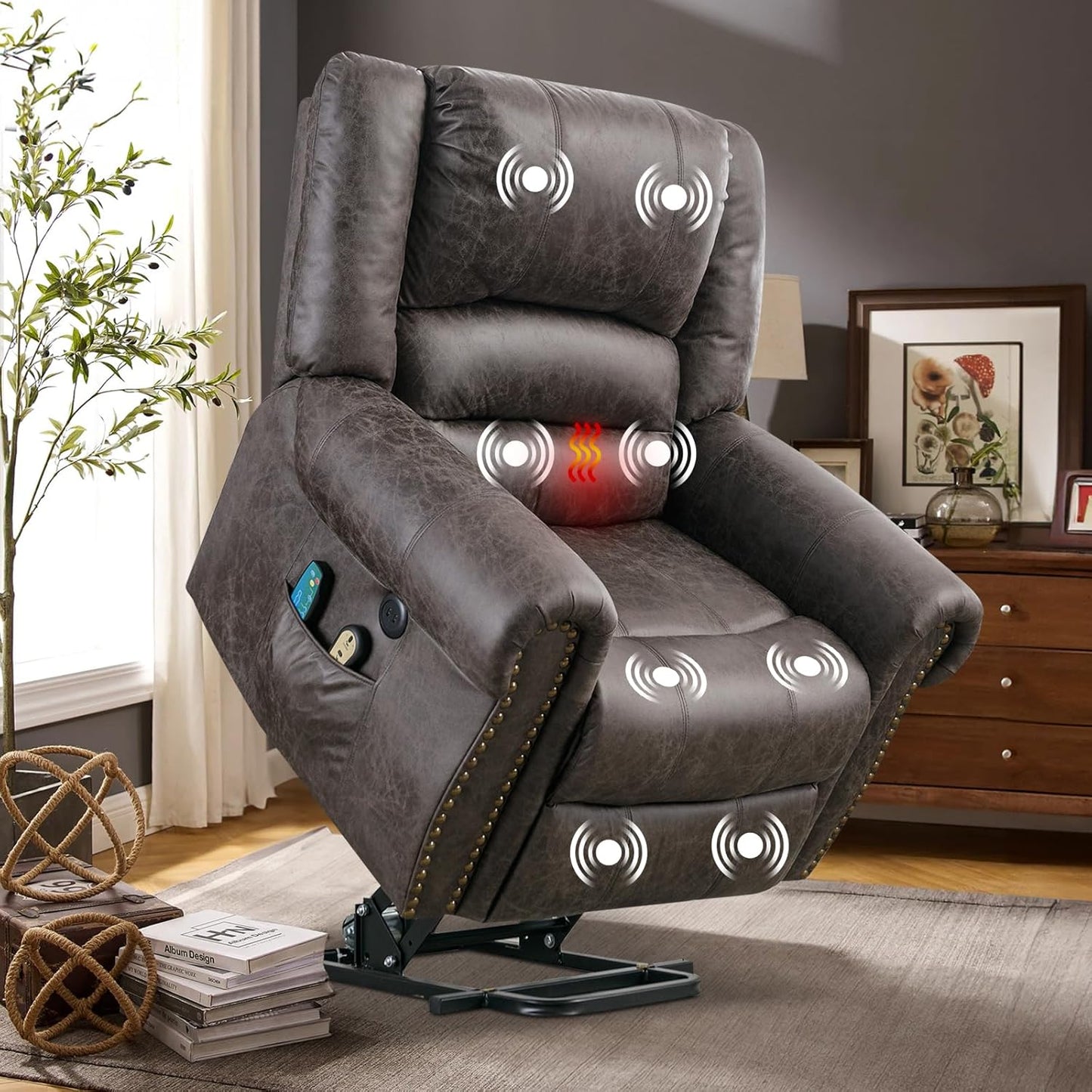VIVIJASON Electric Power Lift Recliner Chair for Elderly, Heated Vibration Recliners Chair Massage Lounge Single Sofa Living Room Chair with 2 Remote Controls, Side Packets & USB Port, Nut Brown
