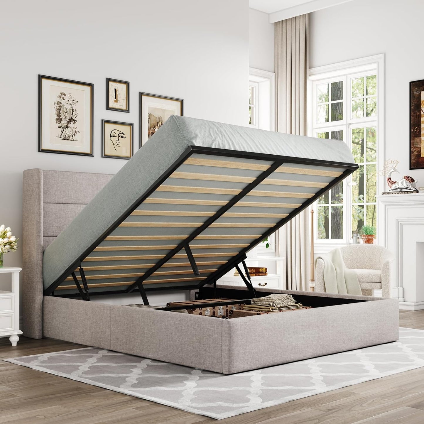 Allewie Full Size Velvet Lift Up Storage Bed, Modern Wingback Headboard, Hydraulic Support, No Box Spring Needed, White