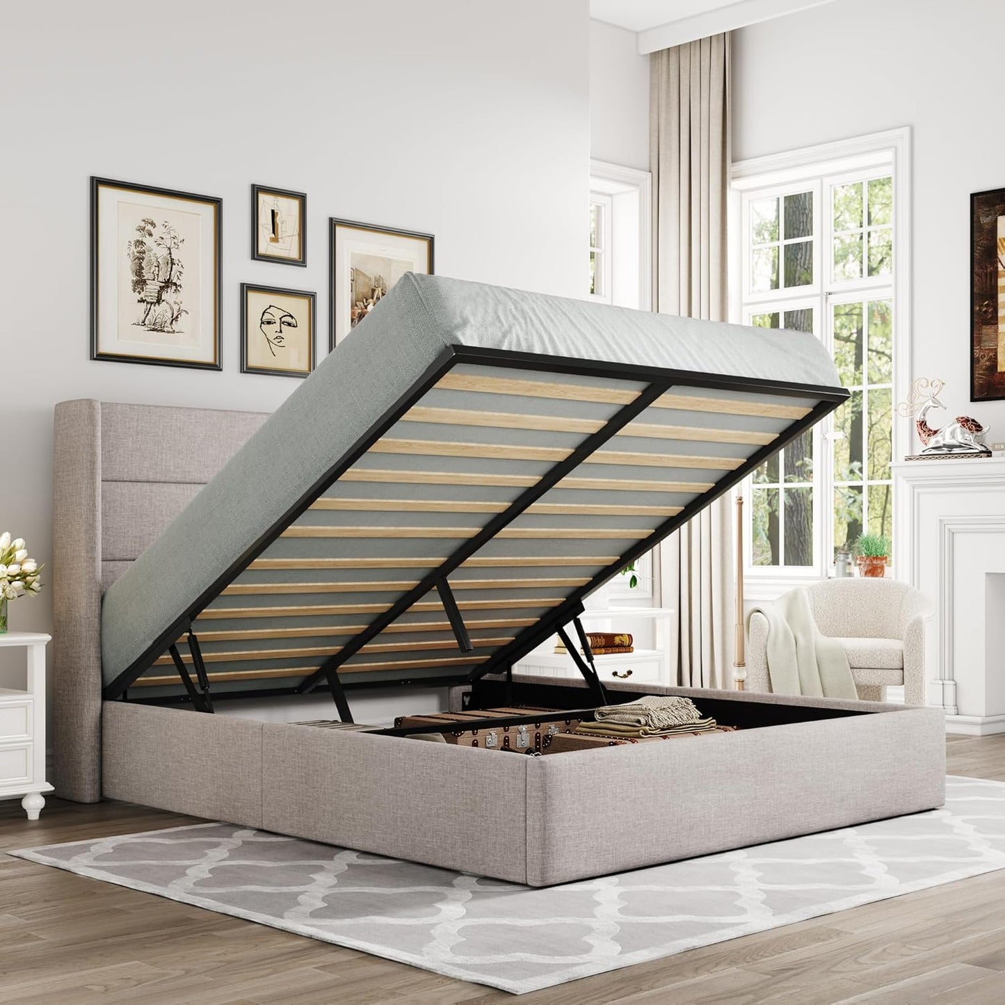 Allewie King Size Lift Up Storage Bed, Modern Wingback Headboard, Hydraulic Support, No Box Spring Needed, Light Beige