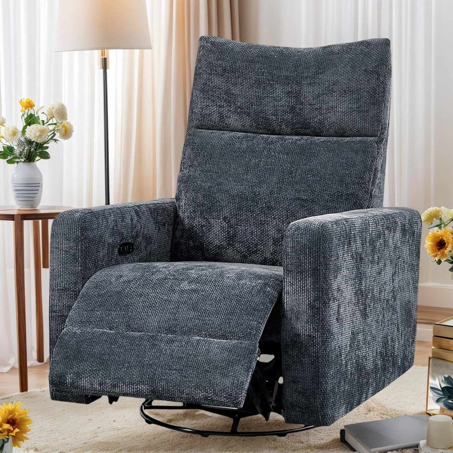 Accent Chairs 360° Recliner Chair Swivel Rocker Chair for Adults, Nursery Swivel Chairs for Living Room, High Back Upholstered Deep Seat Lazy Boy Recliner Chairs (Polyester Fabric- Dark Gray-1PCS)
