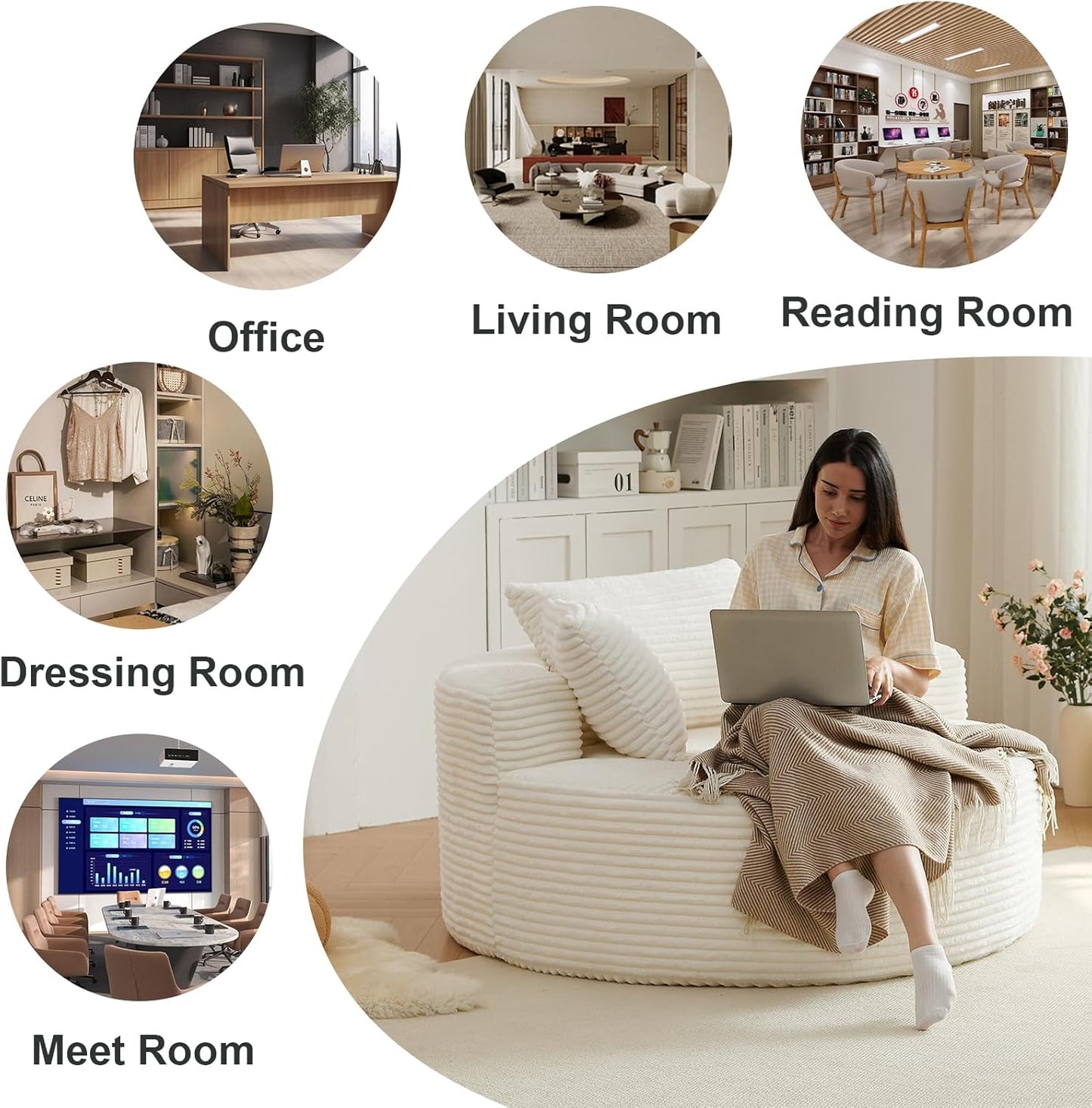 55" L Corduroy Sponge Single Sofa, Oversized Round Chair, Fluffy Modern Sleeper Chairs for Living Room, Lounge and Projection Room, Wide Armrest Lounge Chairs, Armchair with Pillow White
