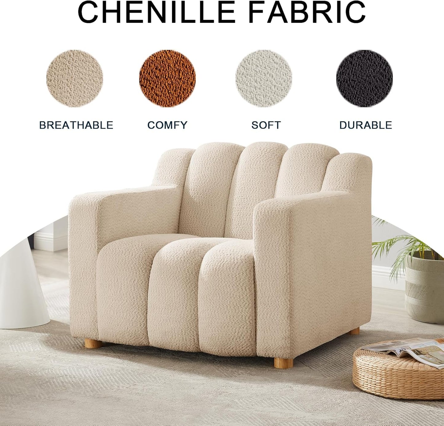 40" W Oversized Accent Chairs, Modern Boucle Armchair with Deep Seat and Wide Arms, Comfy Sherpa Fabric Single Sofa Reading Chair for Living Room, Bedroom, Book Nook, Beige
