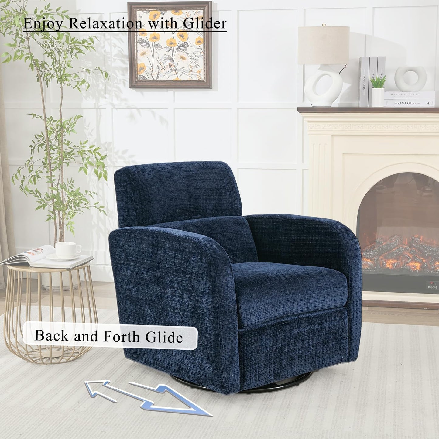 Swivel Glider Accent Chair for Living Room, Glider Nursery Chair, Fabric Upholstered Swivel Rocker Armchair for Bedroom, Study Room, Nursery, Blue
