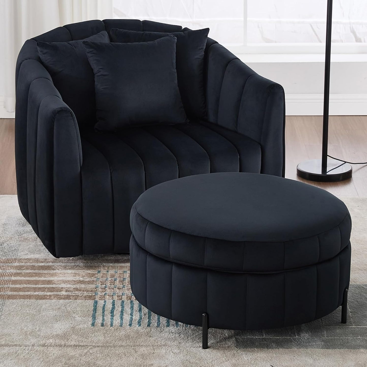 40.35" Oversized Swivel Accent Chairs Navy, with 3 Pillows Velvet Swivel Chairs for Living Room,Modern Barrel Chair
