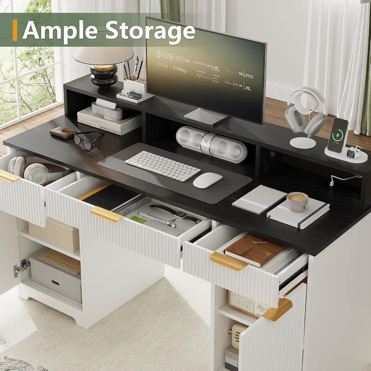 59" Executive Desk, Fluted Office Desk with Power Outlets Long Monitor Stand, Large Home Office Desks with 3 Drawers & 2 Storage Cabinet, Computer Writing Desk for Study Bedroom, White