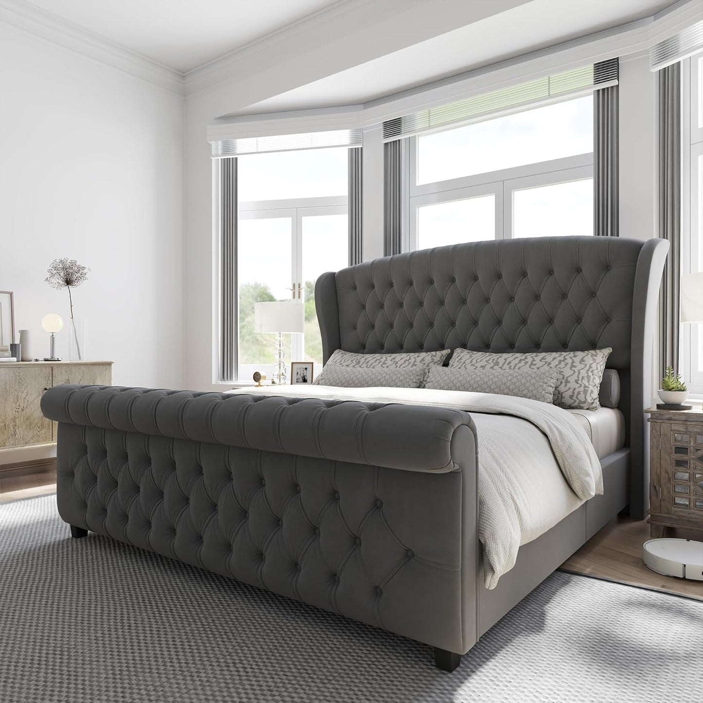 AMERLIFE Queen Size Platform Bed Frame, Chenille Upholstered Sleigh Bed with Scroll Wingback Headboard & Footboard/Button Tufted/No Box Spring Required/Cream