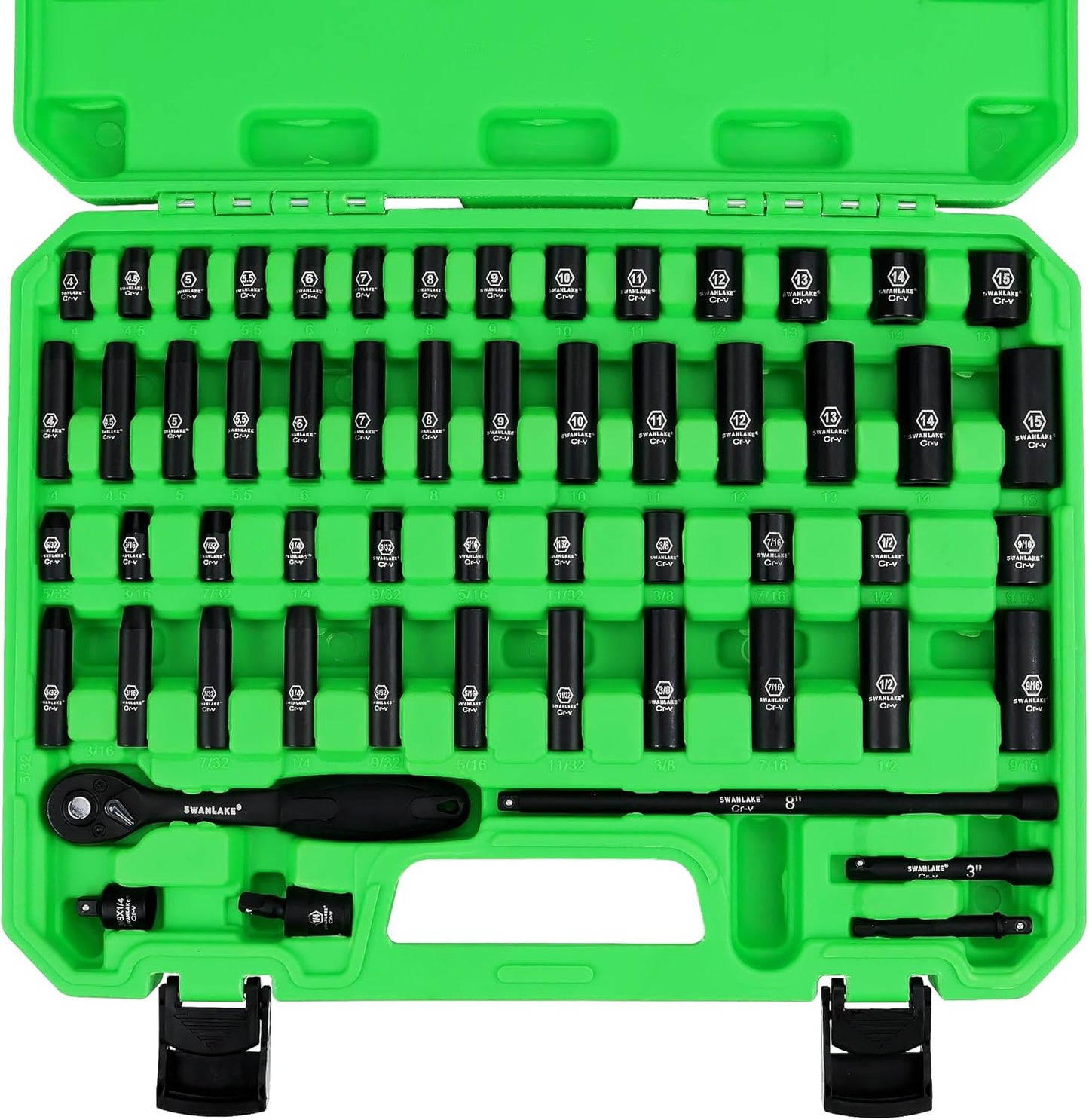 SWANLAKE GARDEN TOOLS 3/8'' Drive Impact Socket Set, 50-Piece Standard SAE (5/16 to 3/4 inch) and Metric (8-22mm) Size, 6 Point, Cr-V, 3/8-Inch Ratchet Handle, Extension Bar, Universal Joint