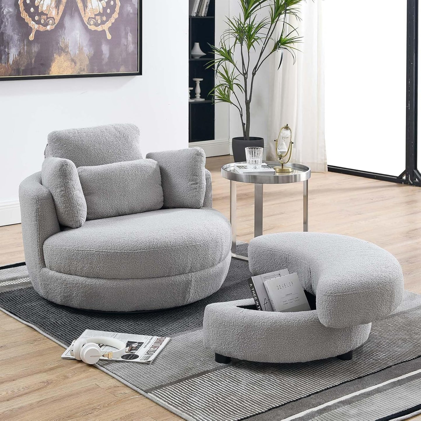 Antetek Swivel Barrel Chair with Storage Ottoman, Club 360 Degree Single Swivel Sofa, Modern Leisure Arm Chair with Head & Back Pillows for Nursery, Living Room, Office, Grey Teddy