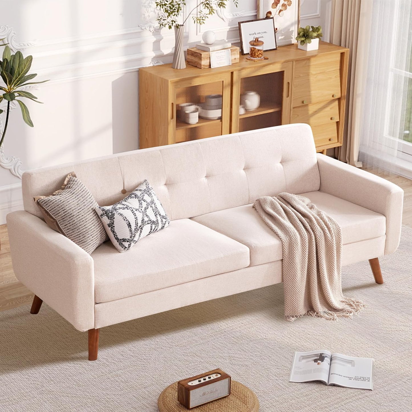 Tbfit 65" W Loveseat Sofa, Mid Century Modern Decor Love Seat Couches for Living Room, Button Tufted Upholstered Small Couch for Bedroom, Solid and Easy to Install Love Seats Furniture, Beige
