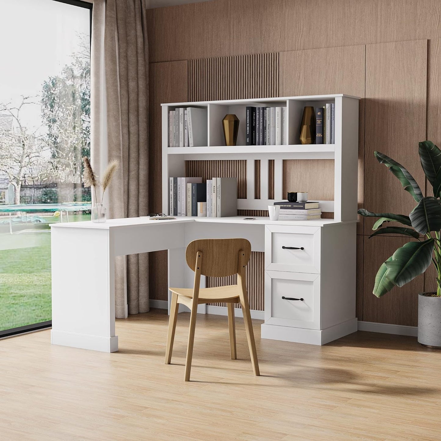 Bellemave L Shaped Desk with Hutch Wood Corner Computer Desk with Storage Drawers and Shelf Modern Home Office Desks L-Shaped Study Table Writing Desk Gaming Desk, Black