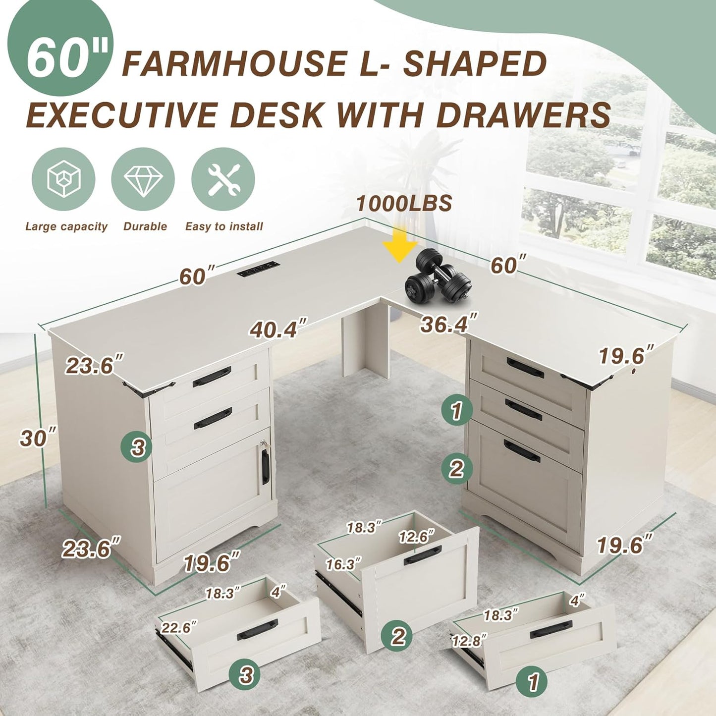 TITIMO 60" Executive L Shaped Desk with Drawers, Farmhouse Home Office Desk with Charging Station, Wood Corner Computer Desk with File Cabinet, Writing Computer Desk for Work and Study (Light Gray)