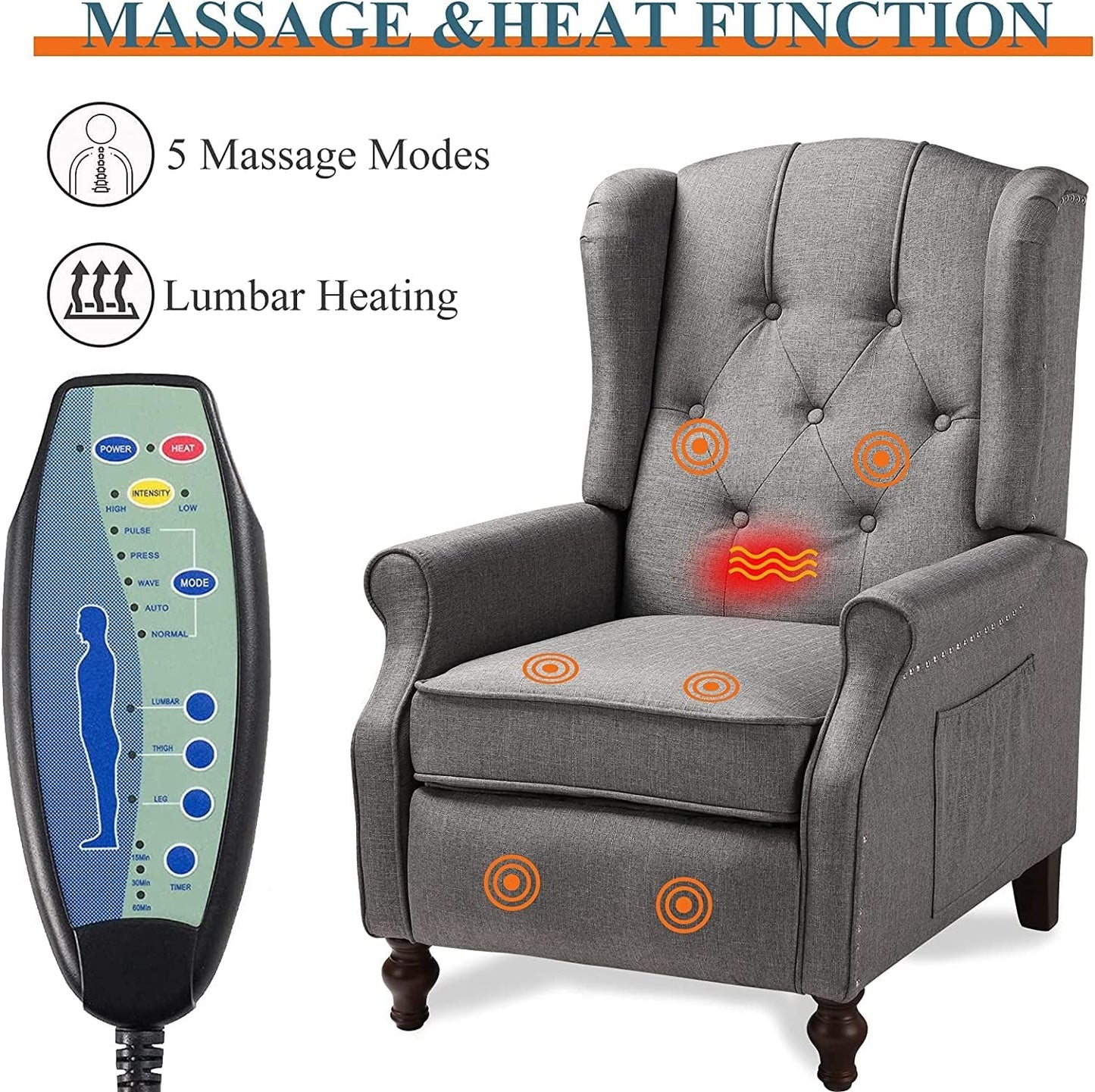 Wingback Recliner Chair Set of 2 with Massage and Heat, Push Back Accent Armchair with Adjustable Backrest, Nailhead Trim, Upholstered Fabric Chair for Living Room, Small Spaces(Light Gray)