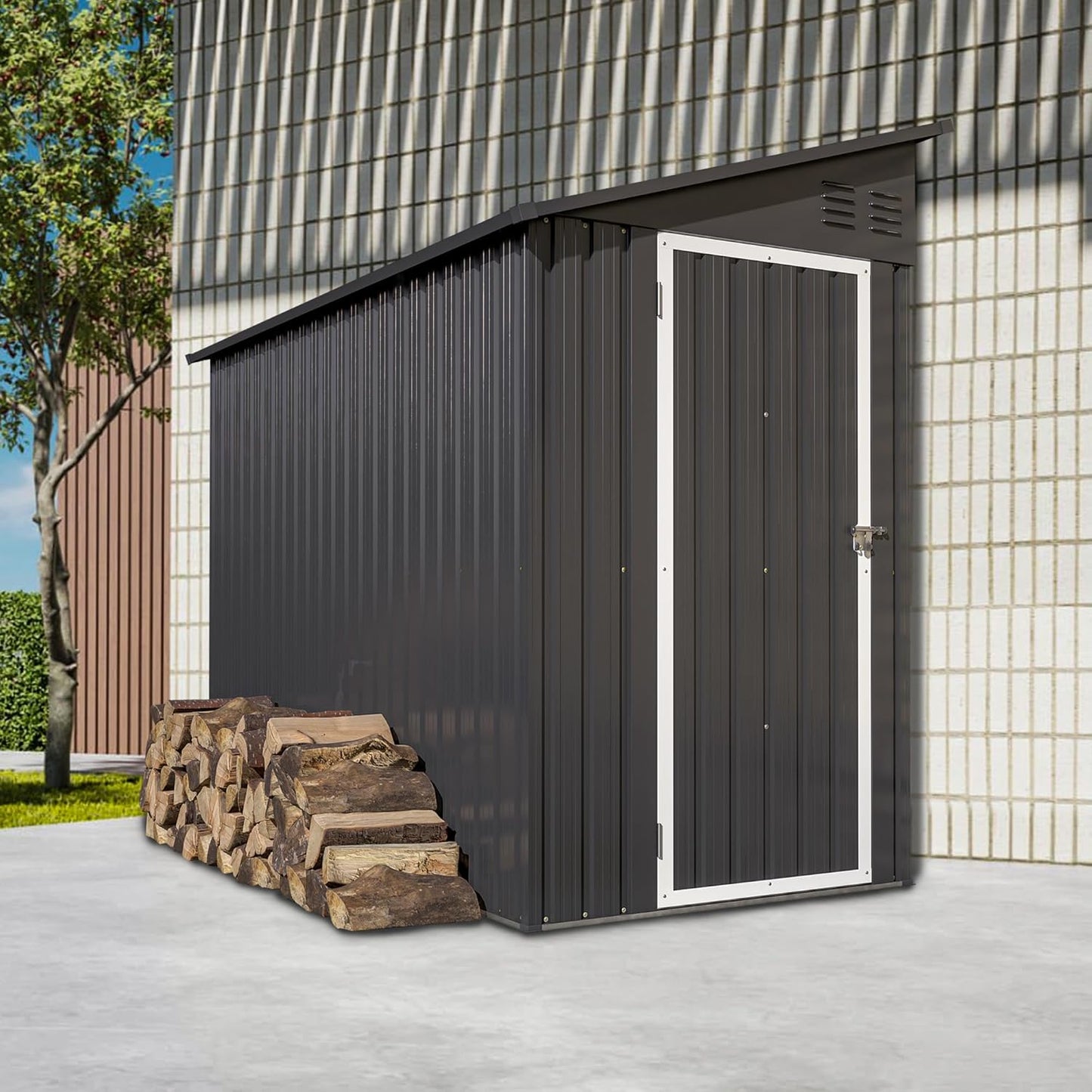 Storage Shed 4 * 8 FT Lean to Shed Metal Sheds & Outdoor Storage Cabinet Lockable Tool Organization Bike Mower Shed Portable Outside for Garden Patio, Grey