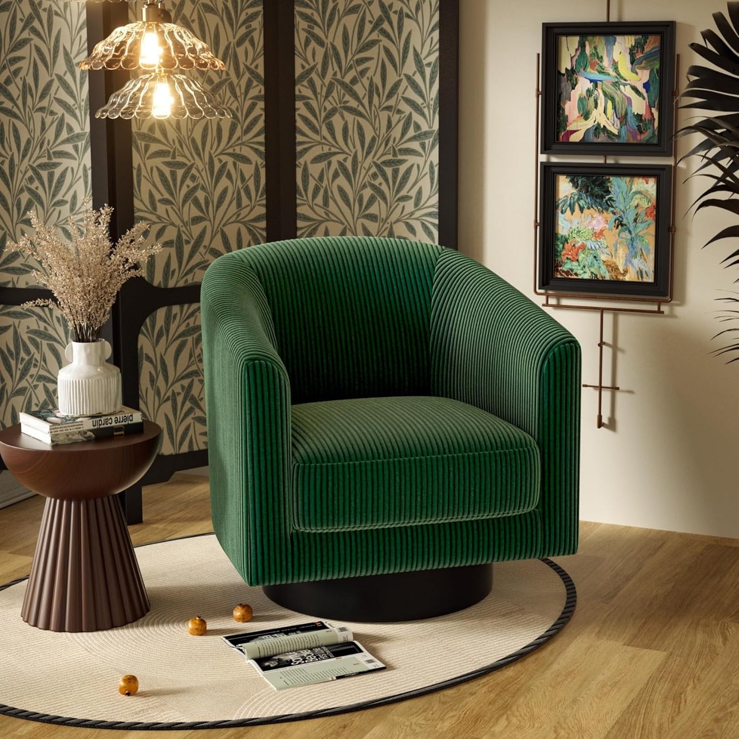 Swivel Accent Chairs Set of 2, 360° Bucket Chair, Modern Upholstered Barrel Armchair, Comfy Corduroy Single Sofa for Living Room Bedroom. Forest Green
