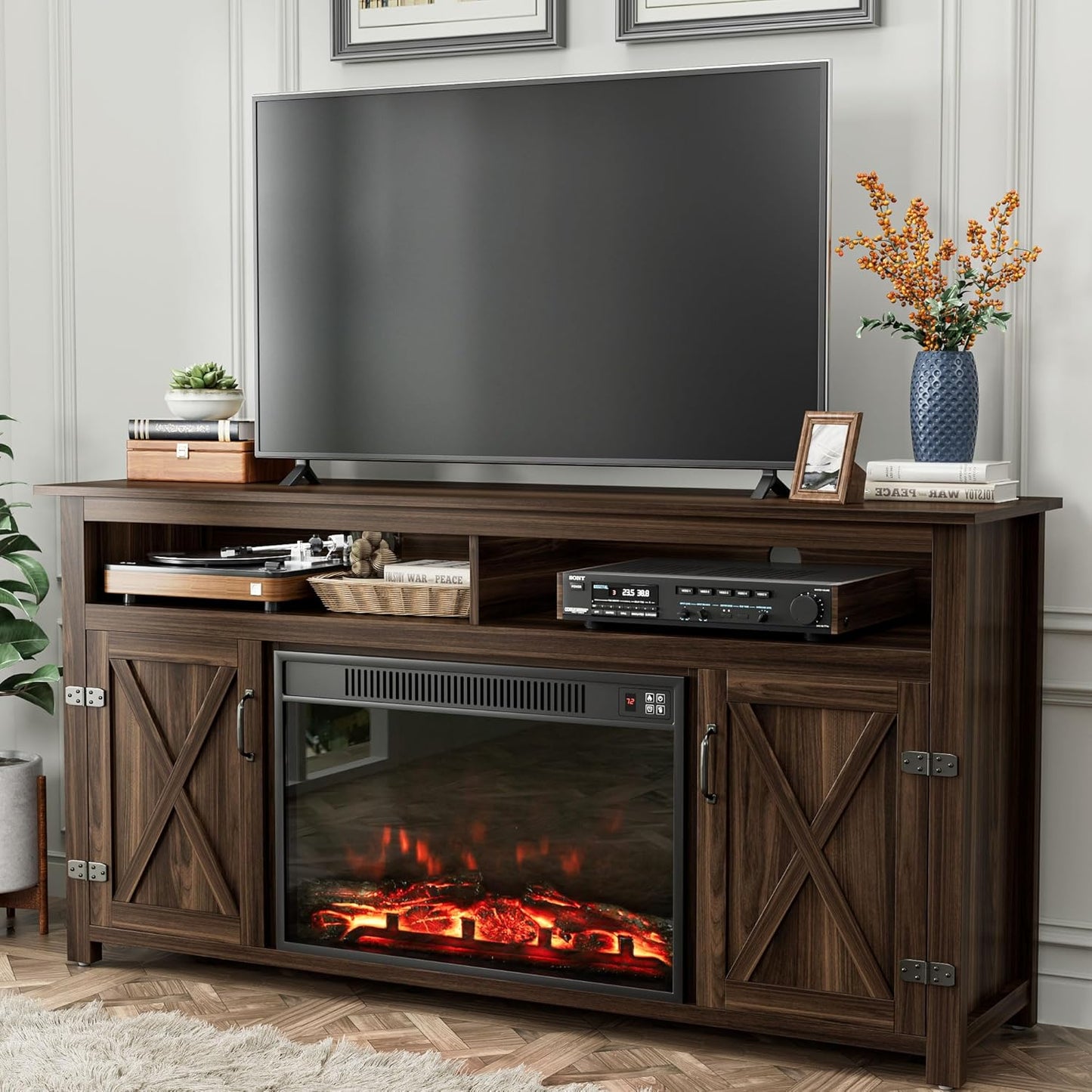 YESHOMY Farmhouse TV Stand for Televisions up to 65 Inches, Sliding Barn Doors and Storage Cabinets, Console Table and Media Furniture for Living Room, 58 Inch, Milk White
