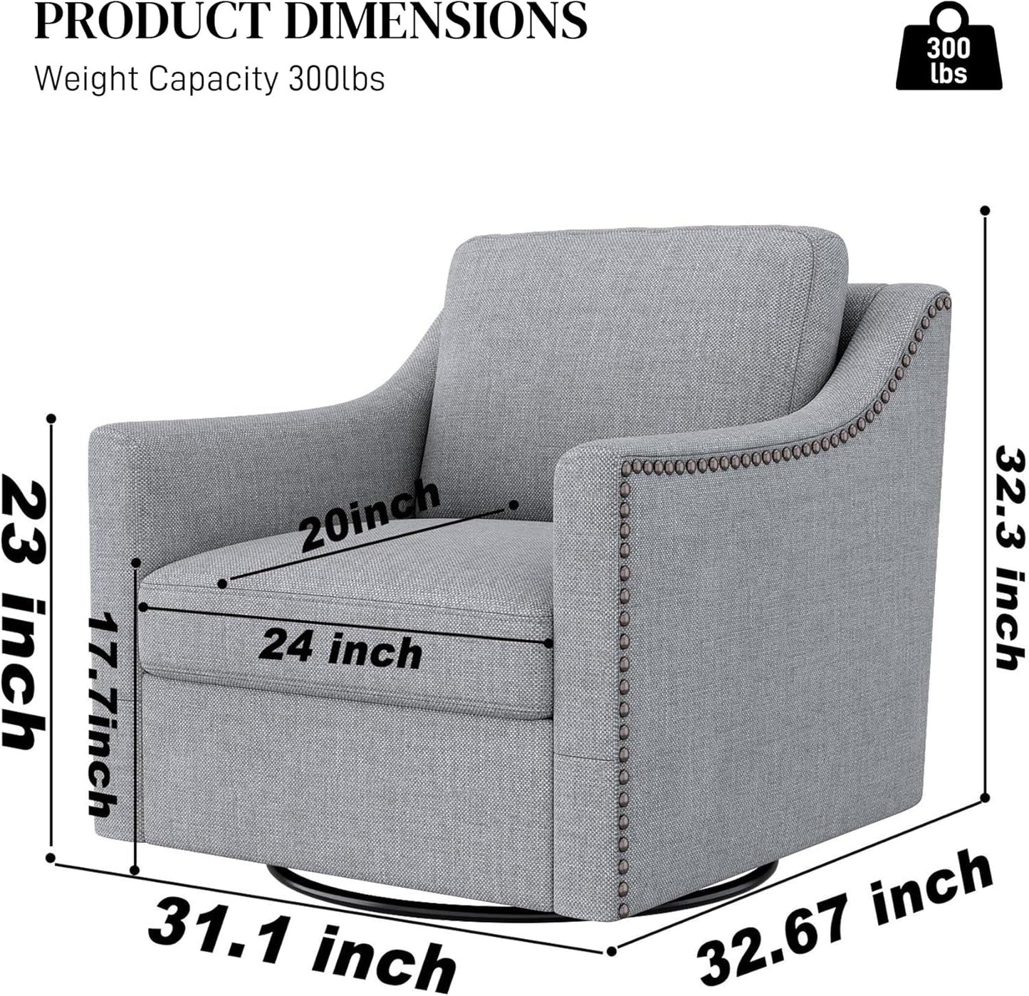 Swivel Barrel Chair Set of 2, Oversized Swivel Accent Chair with Comfy Back Pillow, Modern Upholstered Reading Lounge Chairs for Living Room Bedroom Office Club, Light Grey Linen