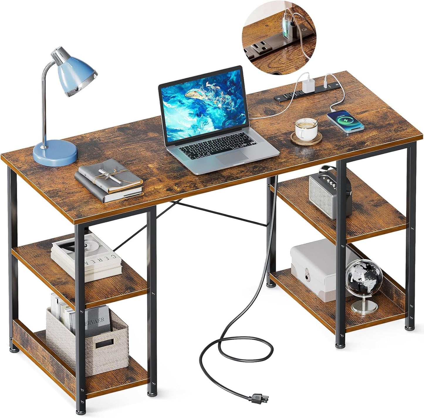 AODK 48 Inch Small Computer Desk with Power Outlets & USB Charging Port, Home Table with Storage Shelves, Student Laptop PC Desks for Small Spaces Home Office Writing Desk, Kids Desk, White