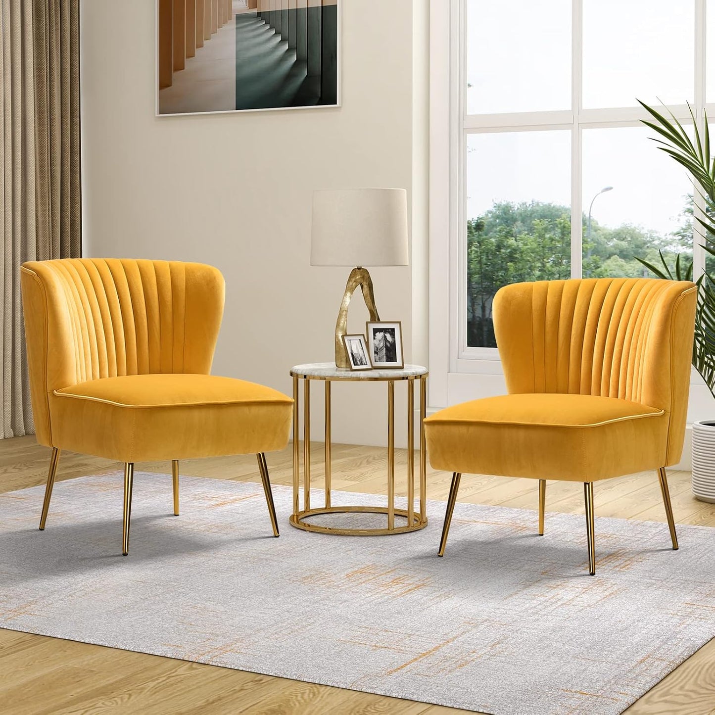 TINA'S HOME Velvet Accent Chair Set of 2 with Metal Golden Legs, Upholstered Armless Slipper Chair with Wingback, Mid Century Side Chair for Living Room Bedroom Makeup Vanity- Red