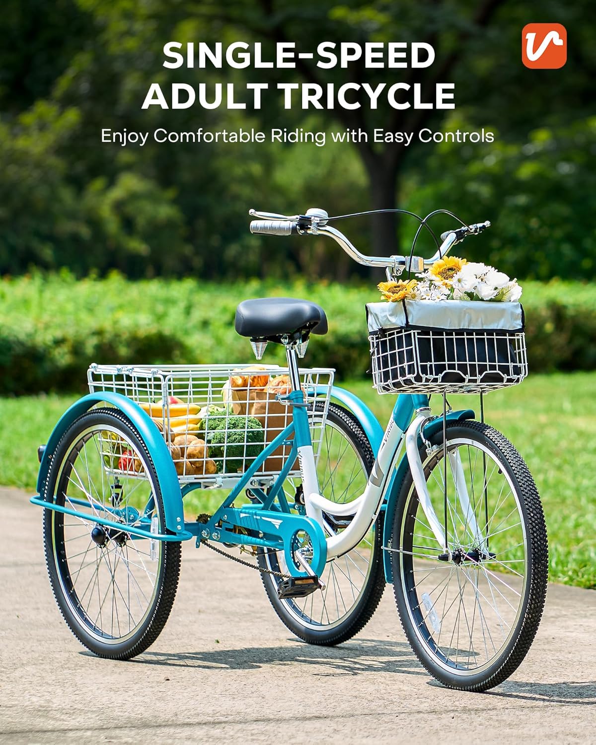Viribus Adult Tricycle 1 Speed, 3 Wheel Bikes for Adults with Front & Rear Detachable Wheeled Baskets, 26 inch Trike for Seniors Women Men, Three Wheel Bikes 400 lb. Capacity
