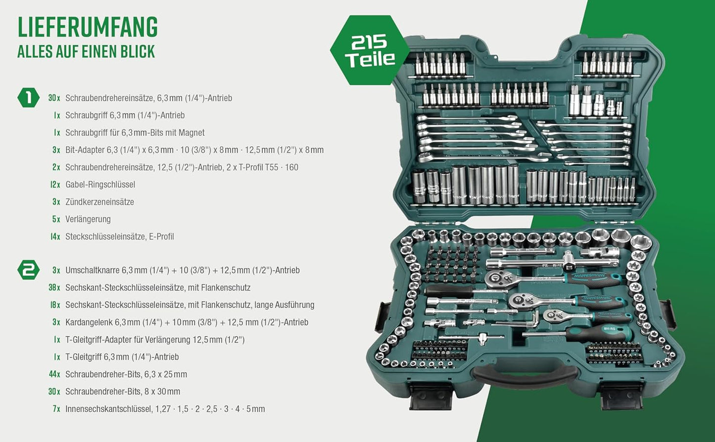 Brüder Mannesmann 215-piece socket wrench set 1/4" 3/8" 1/2" | M98430