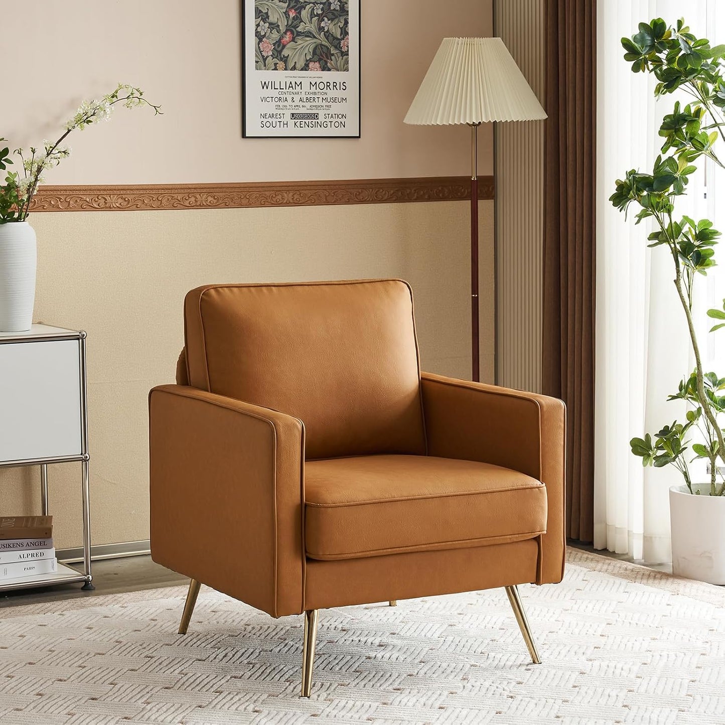 Bonnlo Modern Accent Chair, PU Leather Comfy Arm Chair Reading Chair with Golden Metal Legs and Deep Seat for Living Room Bedroom (Cognac, 56.7''W)