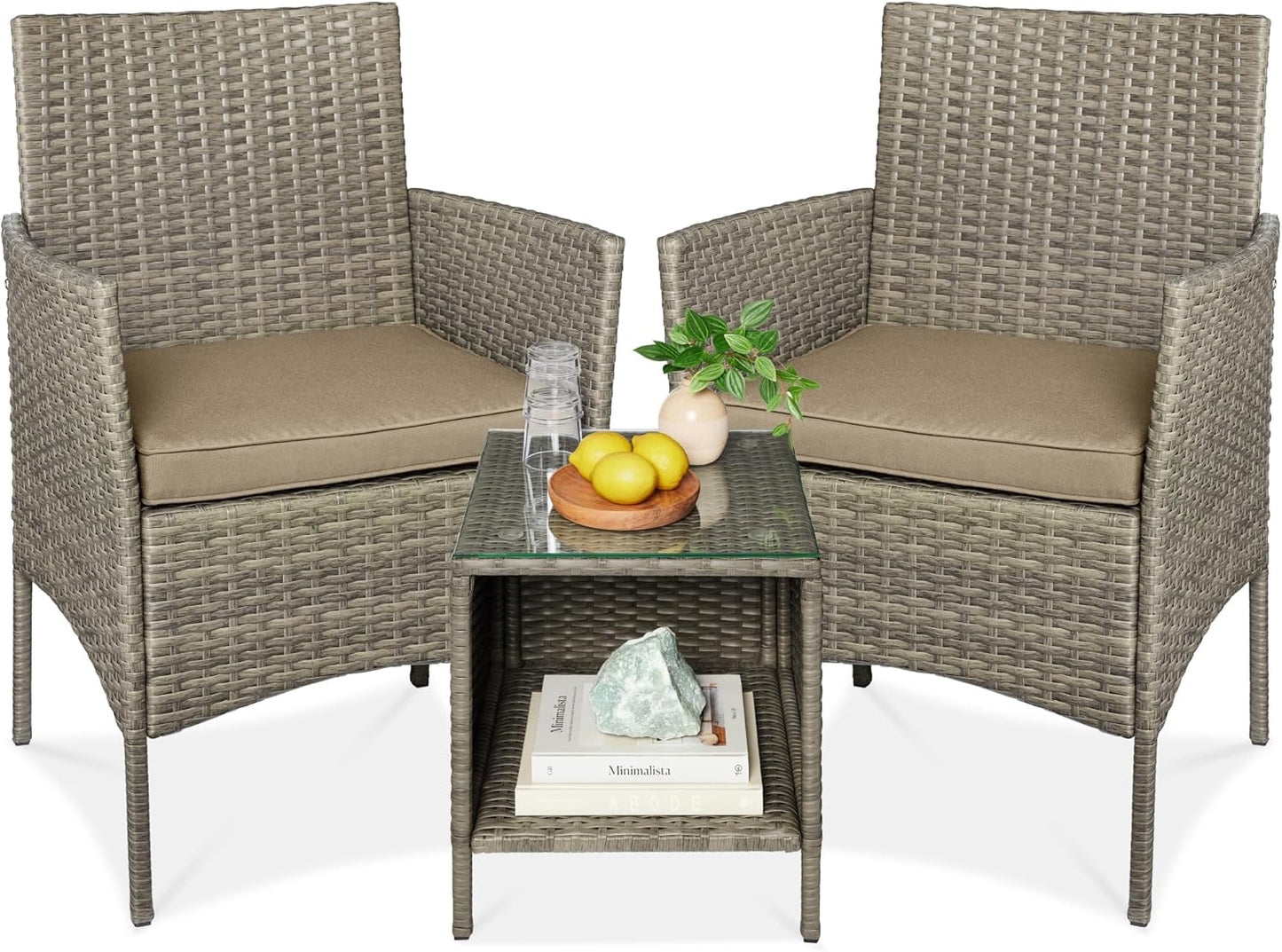 Best Choice Products 3-Piece Outdoor Wicker Conversation Bistro Set, Space Saving Patio Furniture for Garden w/Side Table - Gray/Navy