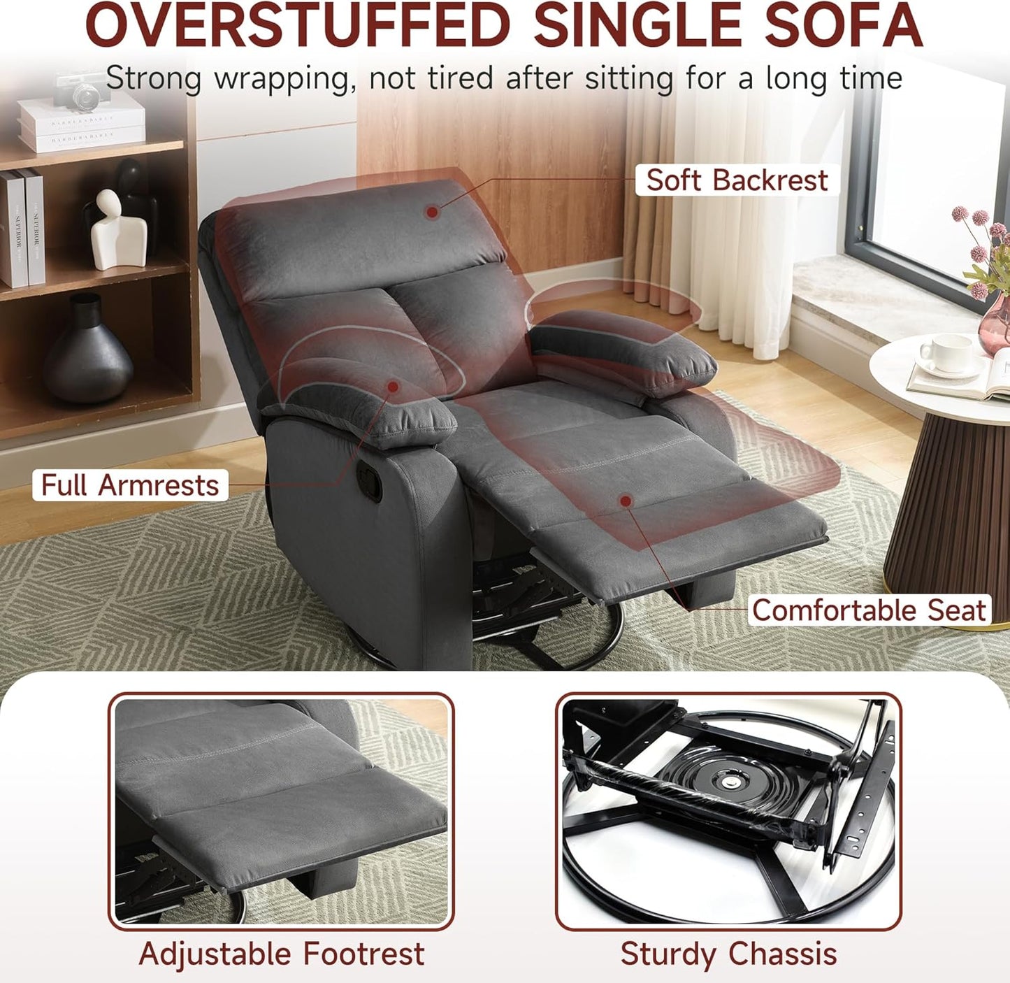 Swivel Rocker - Small Recliner for Small Spaces with Overstuffed Arms and Back, Manual Swivel Recliner Chair with Ultra-Soft Velvet for Living Room, Nursery, Bedroom, Dark Gray