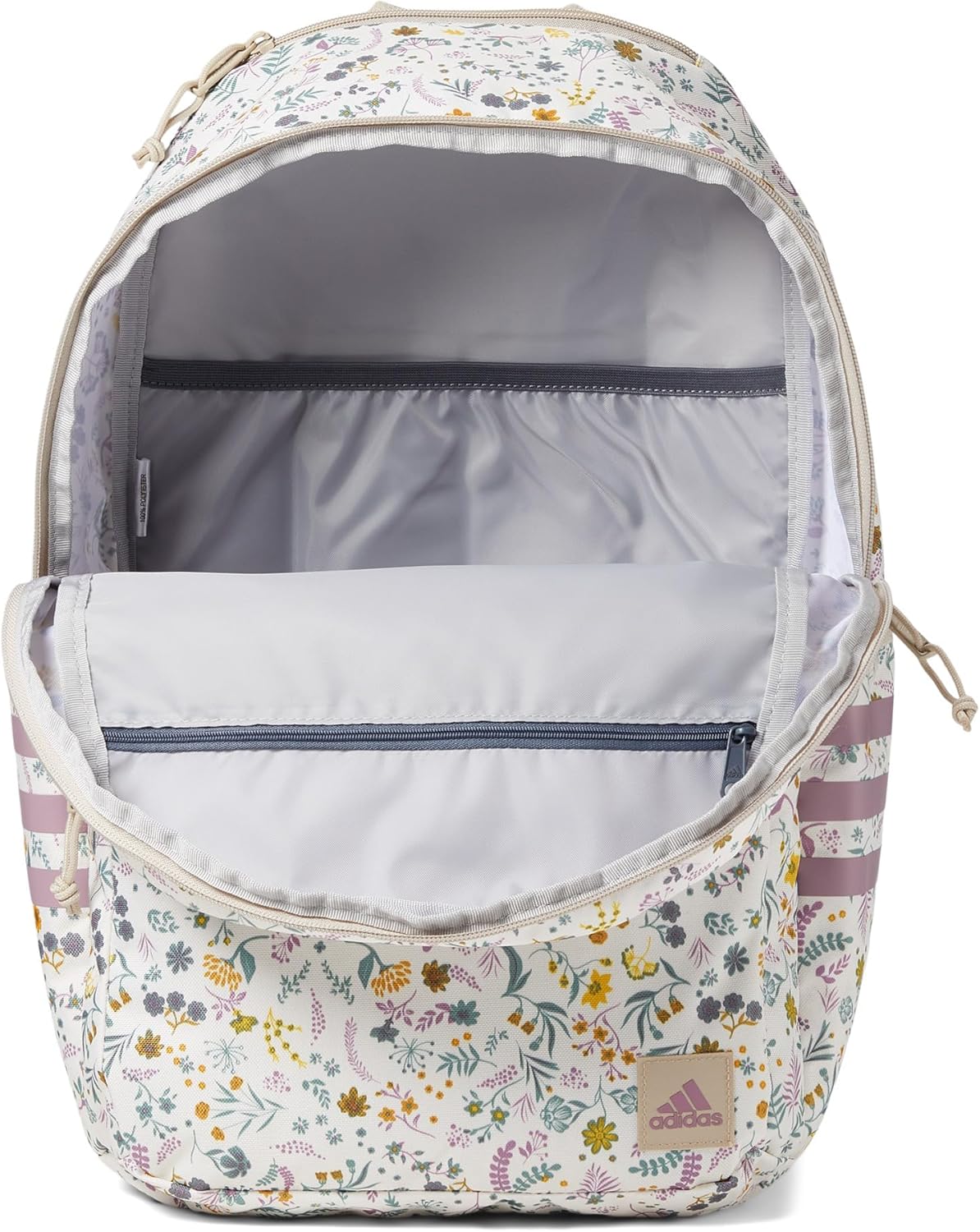 adidas 3-Stripe Classic Backpack for Men and Women, Bag with Laptop Sleeve, Woodland Floral Chalk White/Wonder Orchid Purple/5.0, One Size
