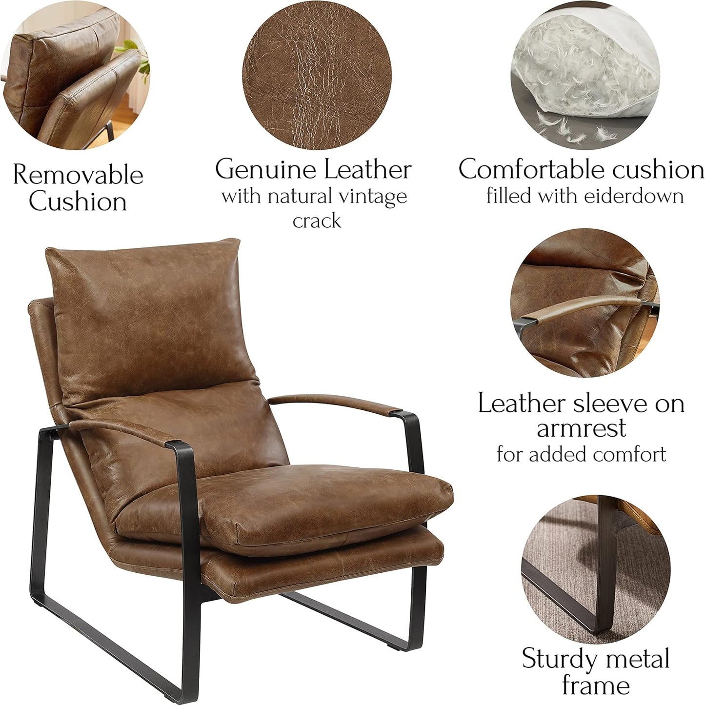 Art Leon Genuine Leather Accent Chair, Mid Century Modern Living Room Chair Lounge Chair with Black Metal Frame, Brown