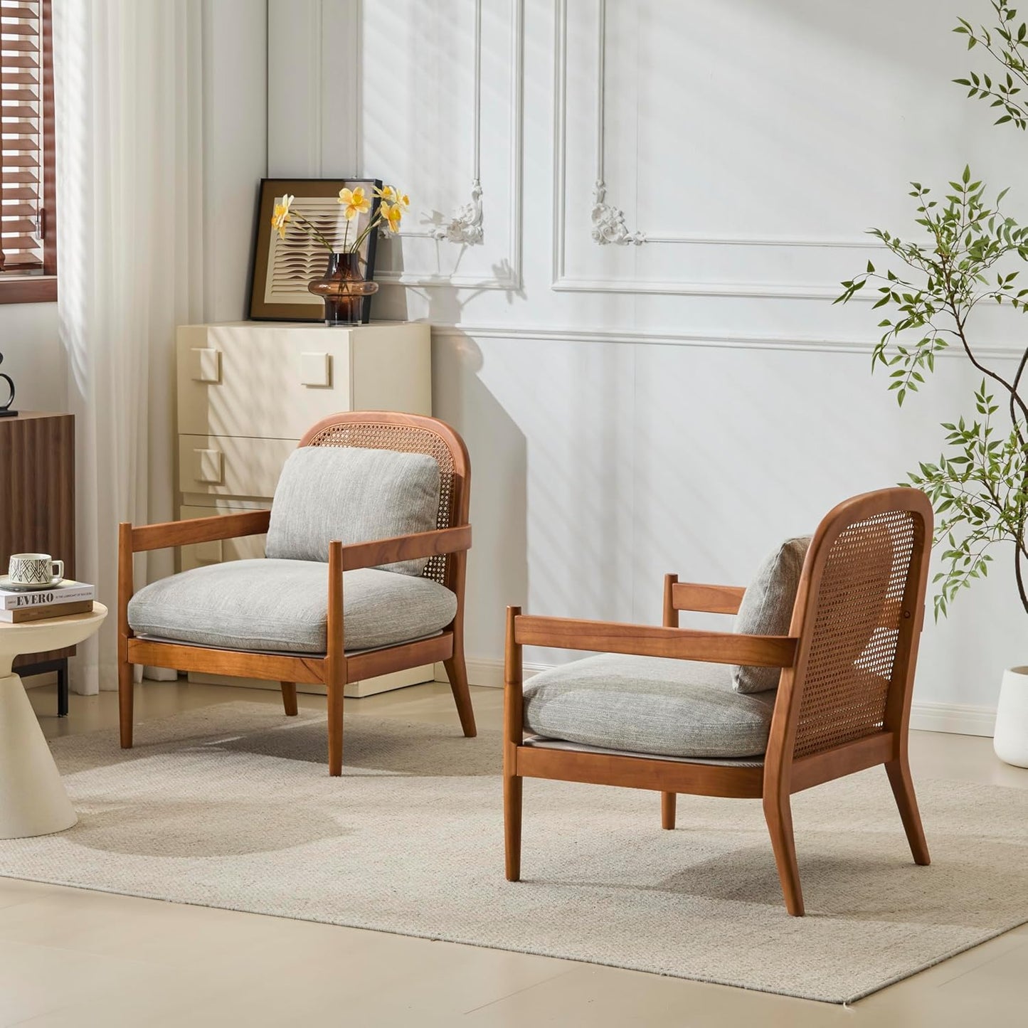 Accent Chairs Set of 2, Mid-Century Modern Accent Chair with Solid Wood Frame and Rattan Backrest, Comfy Armchairs for Living Room, Bedroom, Balcony (Grayish Green+Walnut)