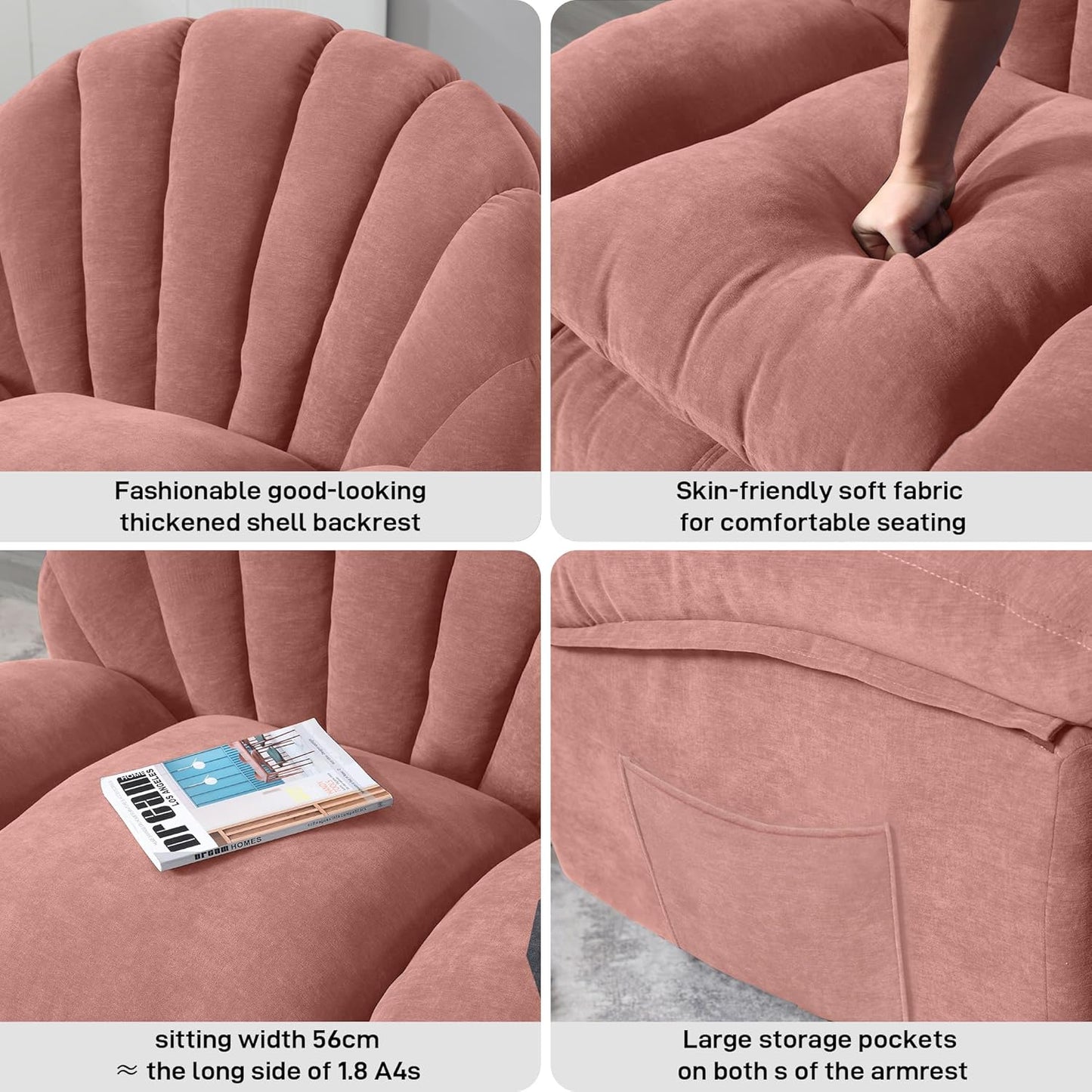 Swivel Rocker Recliner Chair for Living Room – 360° Silent Rotation, Adjustable Backrest 110°-150°, Soft Fabric, Shell Backrest, Large Side Pockets, 330lbs Capacity (Regular Model, Pink)