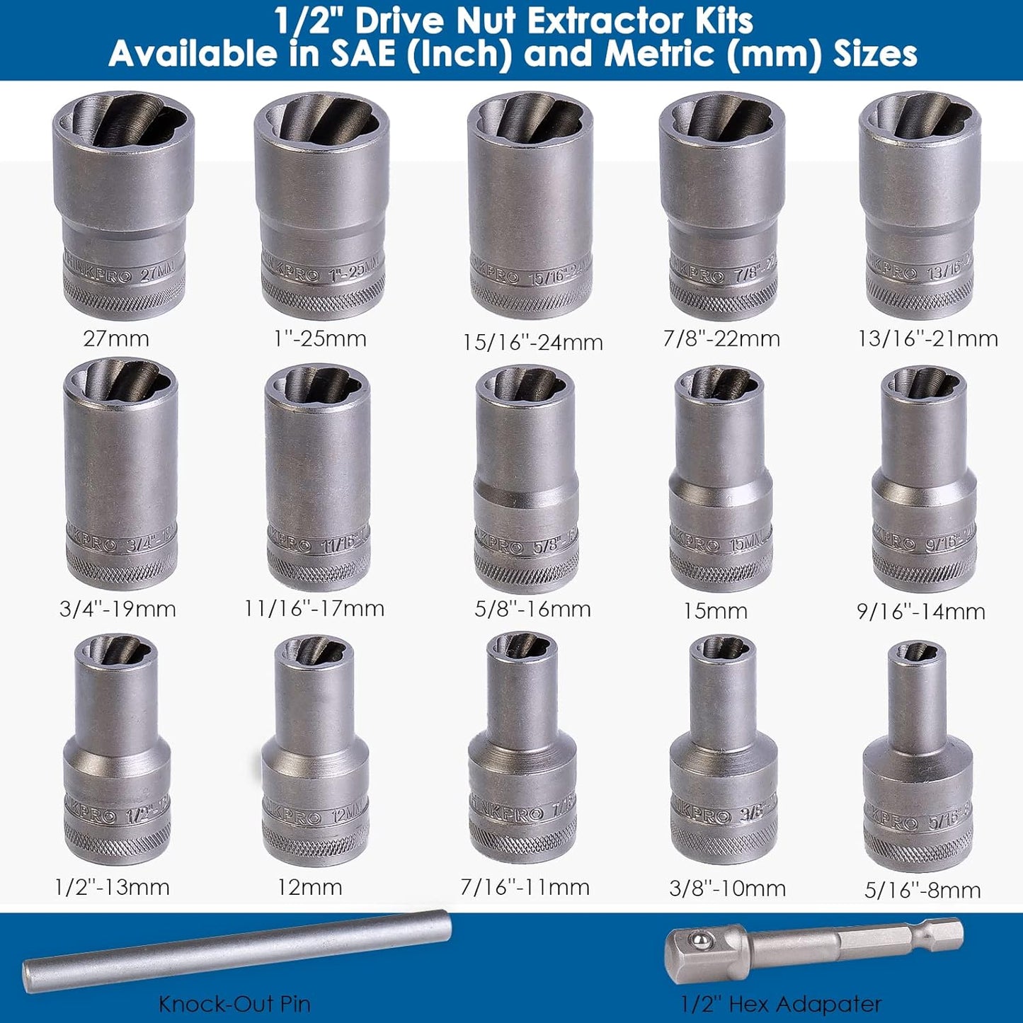 Bolt Extractor Set,17 Piece Wheel Lock Removal Kit,Lug Nut Extractor Set 1/2 Inch Drive,Lug Nut Remover for Removing Damaged, Frozen, Rusted, Rounded-Off Bolts, Nuts & Screws