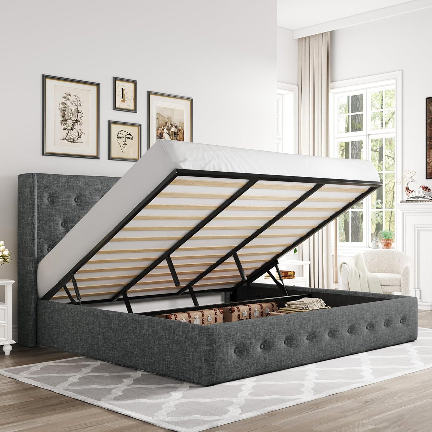 Allewie Full Size Velvet Lift Up Storage Bed, Modern Wingback Headboard, Hydraulic Support, No Box Spring Needed, White