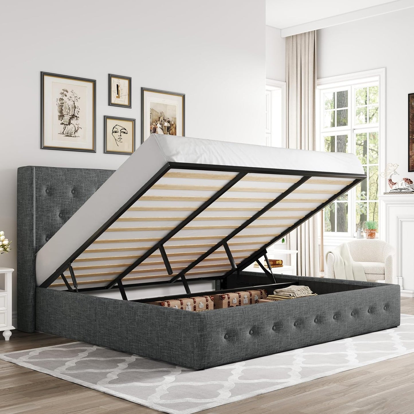 Allewie King Size Lift Up Storage Bed, Modern Wingback Headboard, Hydraulic Support, No Box Spring Needed, Light Beige